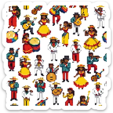 Colombian salsa musicians with instruments and dancers in vibrant colors sticker