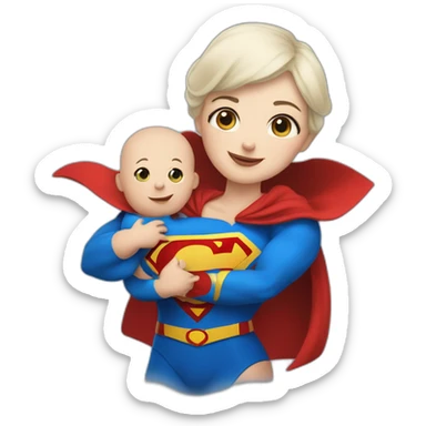 mother white skin dressed as Superman with a cape holding a baby sticker