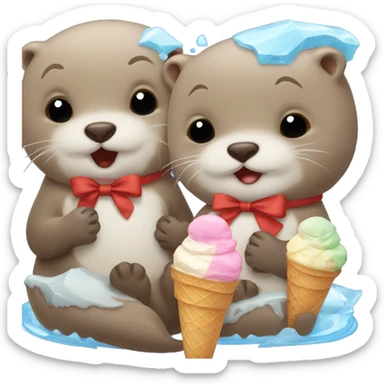otter with baby otter and both eating ice cream and with a bow ontop sticker