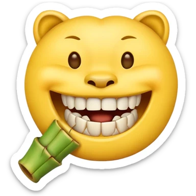 yellow emoji face biting on bamboo muzzle with teeth visible sticker
