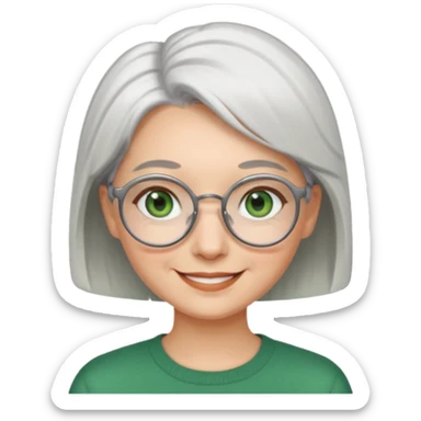 visage femme a lunettes ronde avec cheveux courts gris-blancs aux yeux verts qui souris sticker