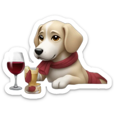 A dog is drinking wine on a table in street in a snowy day sticker