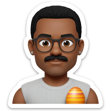 Black man with glasses, mustache,  stud earrings, and an Easter egg sticker