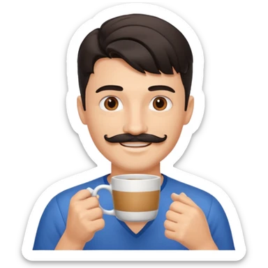 generate an ios genmoji of a fair young guy with black mustache, mullet hairstyle, drinking coffee sticker