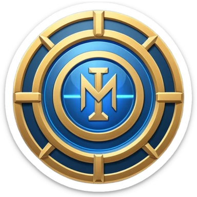 Futuristic achievement medal badge, circular shield emblem with engraved Roman numeral I and subtle “12M” detail, metallic gold and deep blue glow, sci-fi web3 game UI style, polished 3D game asset, soft energy aura, dark background, centered composition, high detail sticker