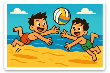 two boys diving for a volleyball on a beach, playful and fun sticker