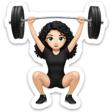 “Generate an image of a girl performing a snatch lift. She is Caucasian, has long curly black hair, green eyes, and long eyelashes. She is wearing a black shirt. The background can be black. sticker