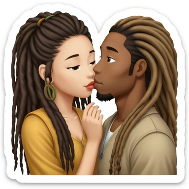 Black guy with dreadlocs kissing long haired Asian gum sticker