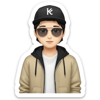 Portrait of a male K-pop idol, wearing a stylish streetwear outfit with layered clothing, makeup, wearing a black cap, happy, sunglasses sticker