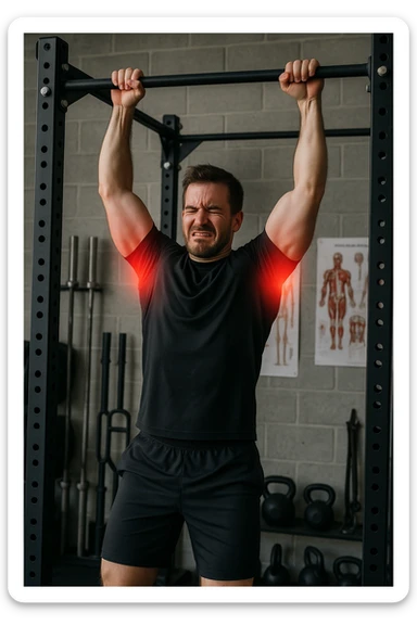 a man in athletic wear esegue una trazione alla sbarra in palestra. I suoi gomiti sono evidenziati con un alone rosso acceso o un effetto glow, indicando infiammazione. Un’espressione di dolore è visibile sul suo volto. Sullo sfondo, attrezzi da palestra e poster anatomici. L’atmosfera è educativa e realistica. sticker