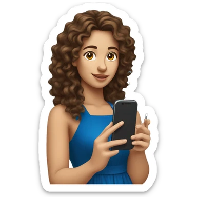Spain woman content creator with long curly brown hair in blue dress and with smartphone  sticker