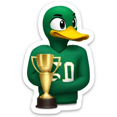 Oregon duck cuddling a trophy sticker