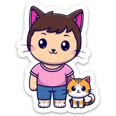 character with dark brown hair clipped back with a hairpin, sweet eyes, pink top, holding a cat sticker