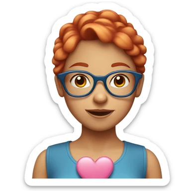 Emoji of a red-haired girl in glasses, wearing a blue dress and holding a pink heart, with a sweet and friendly expression. sticker