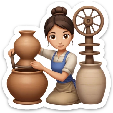 Brunette girl with bun, behind pottery wheel sticker