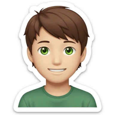 Discord emoji. the face of an Anime asian style teen boy with brown hair, green eyes, looking smiling slightly sideways positioned. Face must be main filling of the frame.  128px sticker