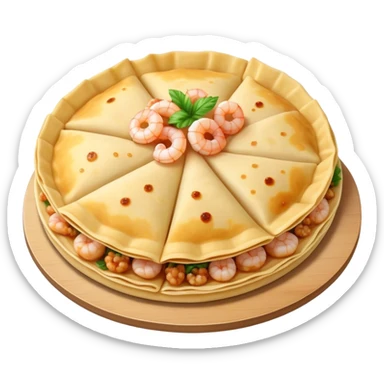 Bánh Xèo Cinematic Realistic Bánh Xèo Dish Emoji, depicted as a crispy, folded semi circle crepe filled with tiny shrimp and pork, rendered with dynamic textures and vibrant, appetizing lighting. sticker