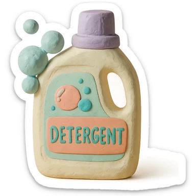 detergent bottle in claymation style with bubbles and a playful label, pastel palette sticker