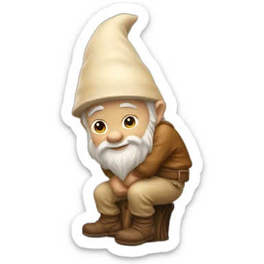 side view of gnome with light tan pants squatting on top of tiny brown log sticker