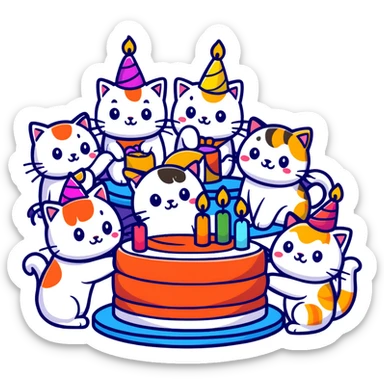 six happy cats wearing colorful party hats celebrating a birthday party around a festive cake made entirely of sushi with candles sticker