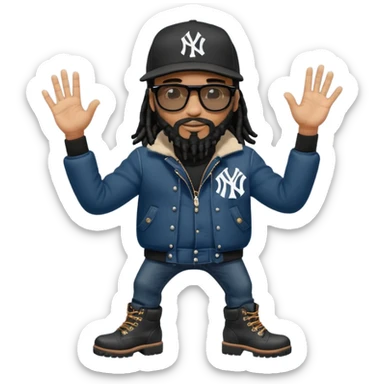 African American man with shoulder length black dreadlocks with black beard wearing black sunglasses wearing a New York Yankees logo baseball cap wearing a dark black bubble winter coat wearing denim skinny jeans and Timberland boots hand giving a high five sticker