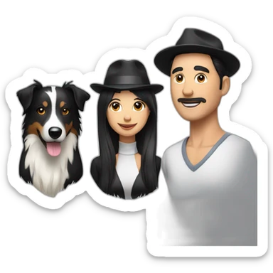 group of 3 consisting of man in hat and woman with black ponytail long hair and small black border collie dog sticker