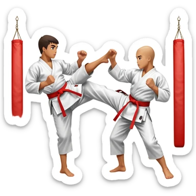 Two karate fighters in traditional gi sparring. One executes a high kick aimed at the opponent’s head, while the other blocks with a strong hand defense. The background features a classic dojo with wooden flooring and banners. Dynamic motion and focused expressions. Transparent background. sticker