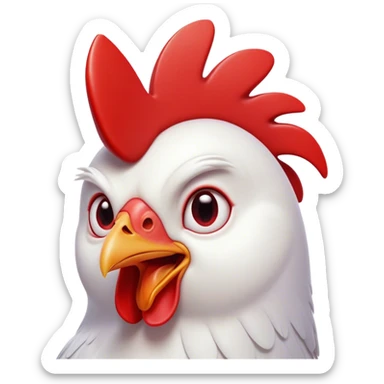 Cinematic Comical White Chicken Portrait Emoji, Head tilted dramatically with an exaggeratedly shocked or amused expression, featuring a sleek, immaculate white plumage with a prominent red comb, wide, expressive beady eyes filled with playful disbelief, Simplified yet hilariously expressive features, highly detailed, glowing with a slightly sassy glow, high shine, dramatic yet playful, stylized with an air of cheeky mischief, bright and endearing, soft glowing outline, capturing the essence of a spirited and over-the-top chicken, so meme-worthy it feels like it could cluck its way into internet fame instantly! sticker