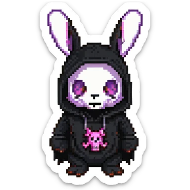 Kuromi character, purple bunny with a black hood and pink skull sticker