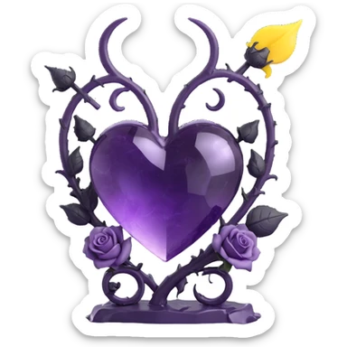 devil heart made of amethyst glass with small devil horns, forked tail, black roses at the base, crescent moon in background, stardust, stormy rain, fractured glass sticker