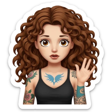 woman with long curly brown hair, brown eyes, white skin, tattoos, shrugging while reality melts like bark sticker