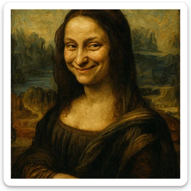 Mona Lisa in an oil painting style, mischievous and playful smirk, rich textures and brushstrokes sticker