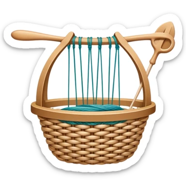 Weaving icon, various types of weaving such as basket weaving, macramé, and loom weaving, showing intertwined threads or ropes, weaving tools like shuttle, crochet hook, and loom, minimalistic style, clean lines, transparent background. sticker
