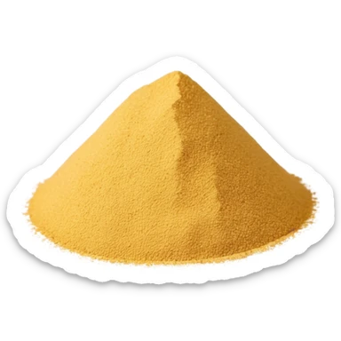 small mound or light scatter of fine golden-beige powder with slightly crystalline texture and dry matte finish, tiny uniform grains, neutral dissolvable ingredient, no spoon or packaging, soft lighting, subtle shadows, emoji scale sticker