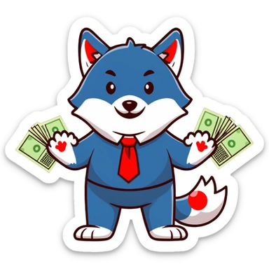Wolf in football jersey and business tie throwing cash, stock market charts background sticker