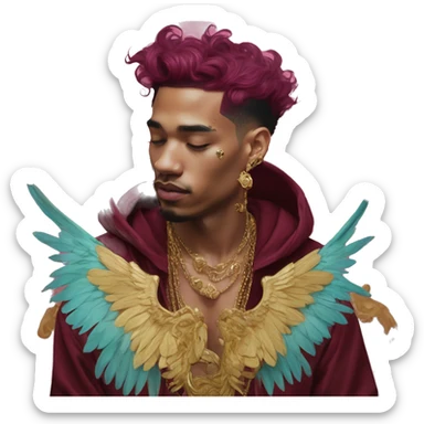 Vintage painting swirls gold jewellery baroque raven wings angel tropical Deep pink maroon burgundy cyan dark hoodie man vitiligo dyed hair gold piercings nose piercing ear piercings sticker
