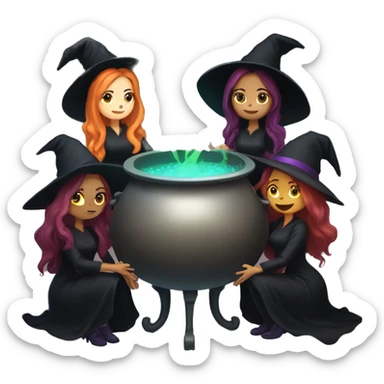 Coven of several witches holding hands around a bubbling cauldron  sticker