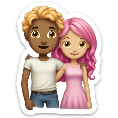 make a guy and a girl, they are hugging, the girl has pink long wavy hair. The guy has black hair and light skin sticker