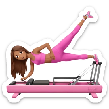 girl doing a plank on a pilates reformer in a pink workout set with long brown hair sticker