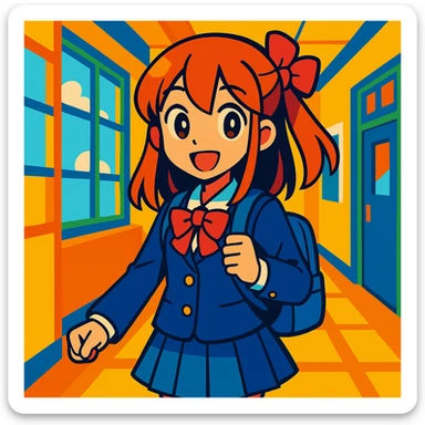 anime school girl in school setting, vibrant toon style sticker
