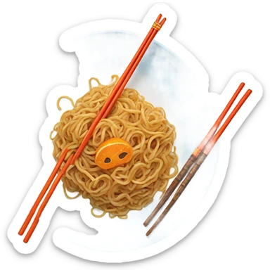 Chinese fried noodle in white and blue plate with orange spoon and chopsticks sticker