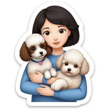 Woman with short black straight hair hugging a brown poodle and a white bichon frise sticker