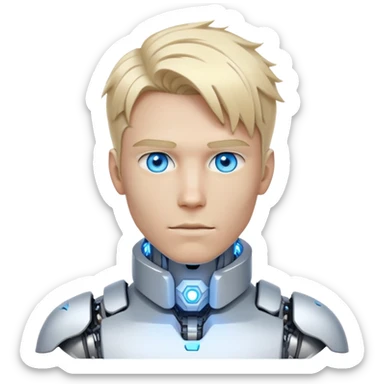 Cyborg male with tousled straight blond hair, partly mechanical face, glowing eyes, white tech collar sticker