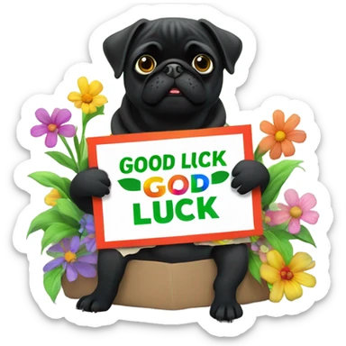 Black pug , surrounded by flowers, holding a green sign that says “good luck”  sticker