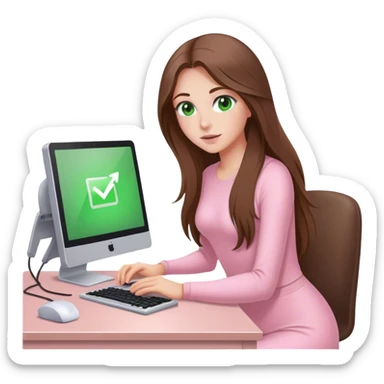 pretty woman with very long brown hair and green eyes and light pink outfit working on a computer sticker