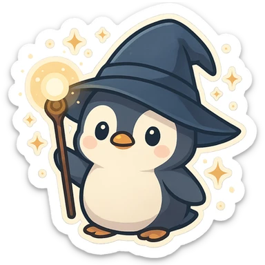 adorable chibi penguin wizard with oversized hat, holding a glowing staff, surrounded by magical sparkles sticker