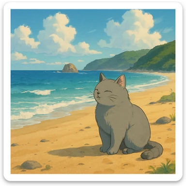 cat on a beach, ghibli style sticker