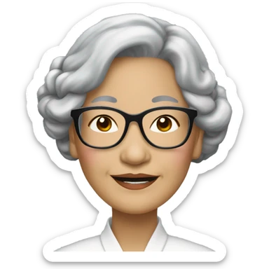 elegant old asian woman with long wavy black hair tied up, wears rimless spectables sticker