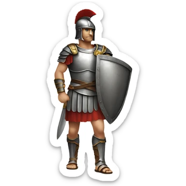 An ancient Roman legionnaire, full length, head slightly turned to the left, left hand palm up, showing, holding a shield with his right hand, helmet on his head, straight torso, realistic sticker