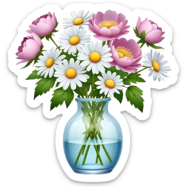 A bouquet of daisies of the color Wild Rose in a glass vase of the color Frosty Peony  sticker